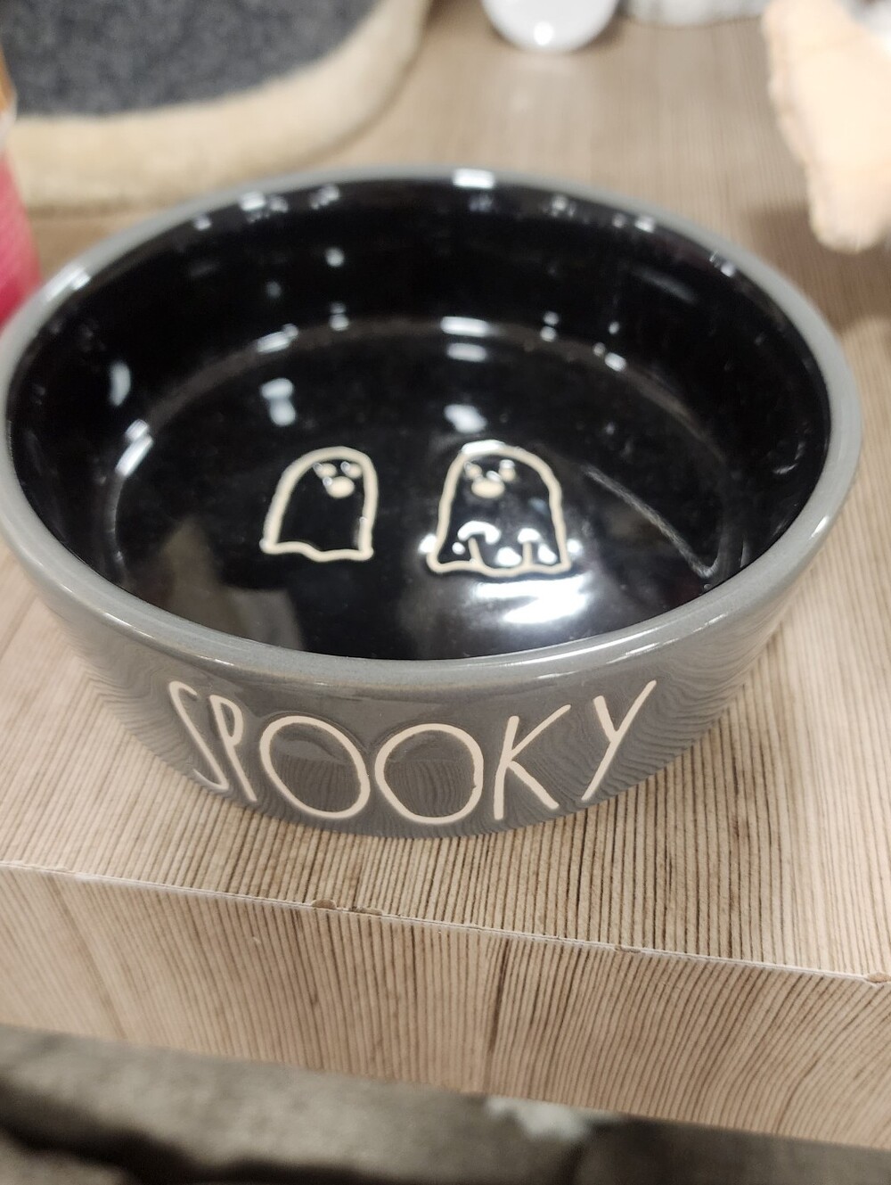 Rae Dunn Spooky Gray Ceramic Pet Bowl - Gray Ghost Design